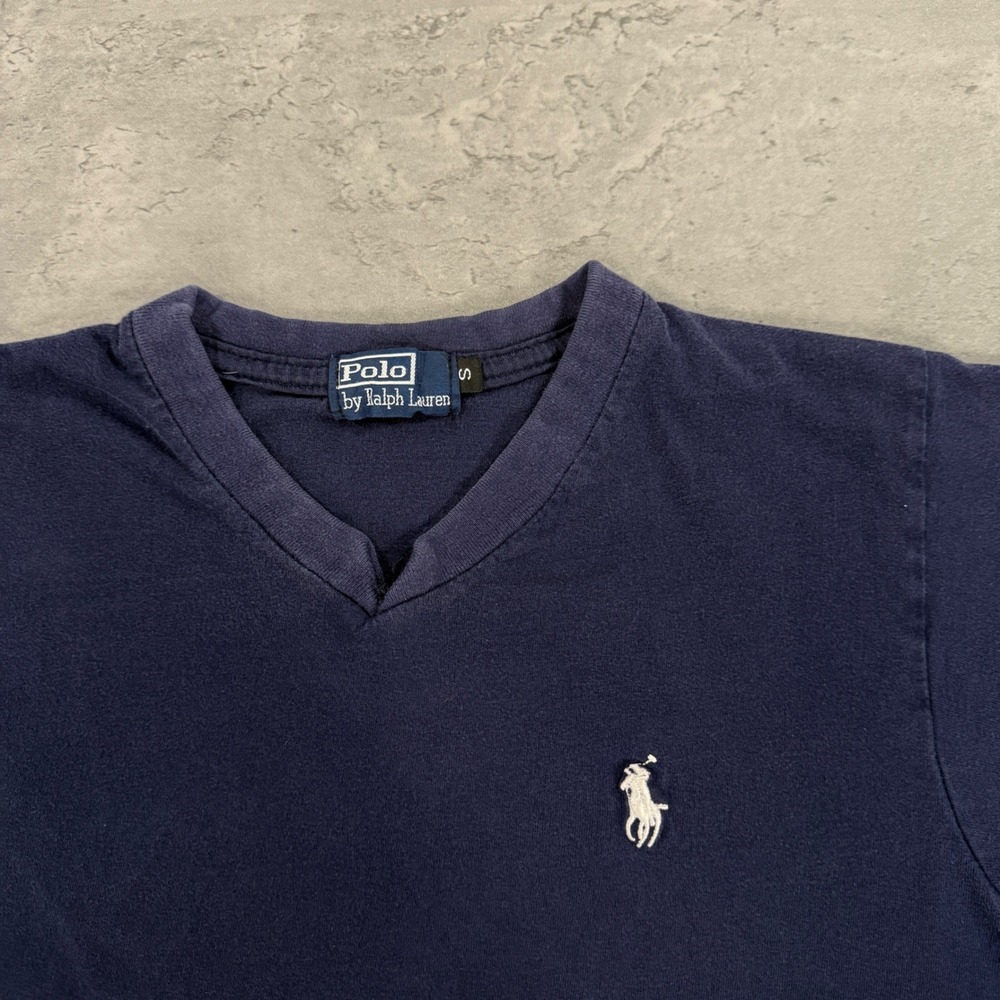 Vintage Polo Ralph Lauren‎ V-Neck T-Shirt Women S Navy Blue Cotton Pony Logo Tee